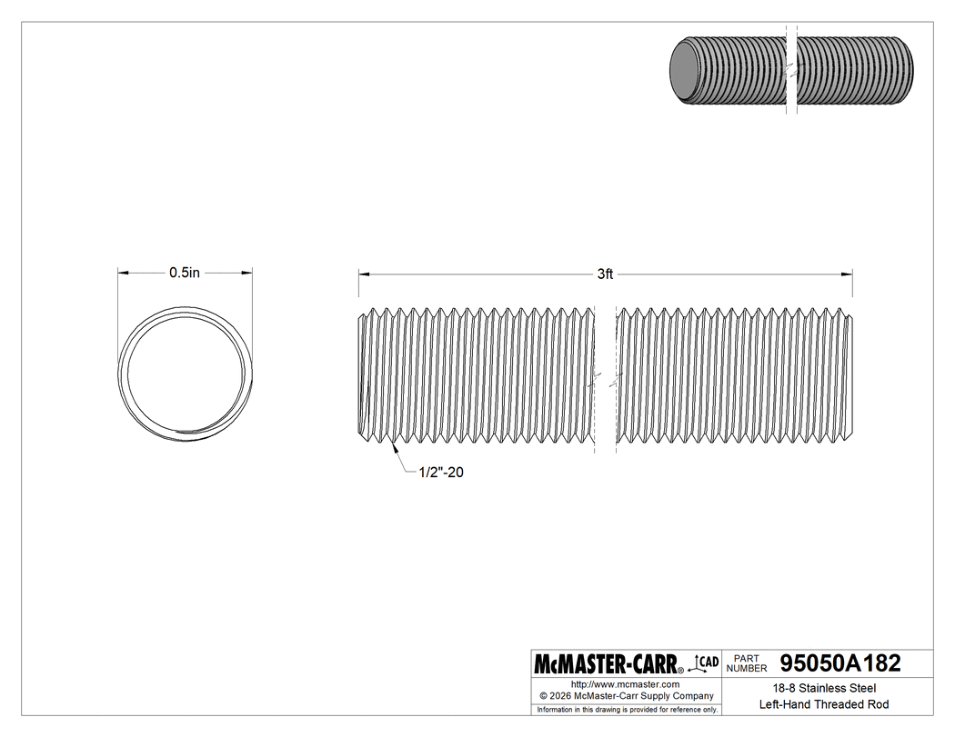 Technical Drawing of 18-8 Stainless Steel Left-Hand Threaded Rod, 1/2"-20 Thread Size, 3 Feet Long.